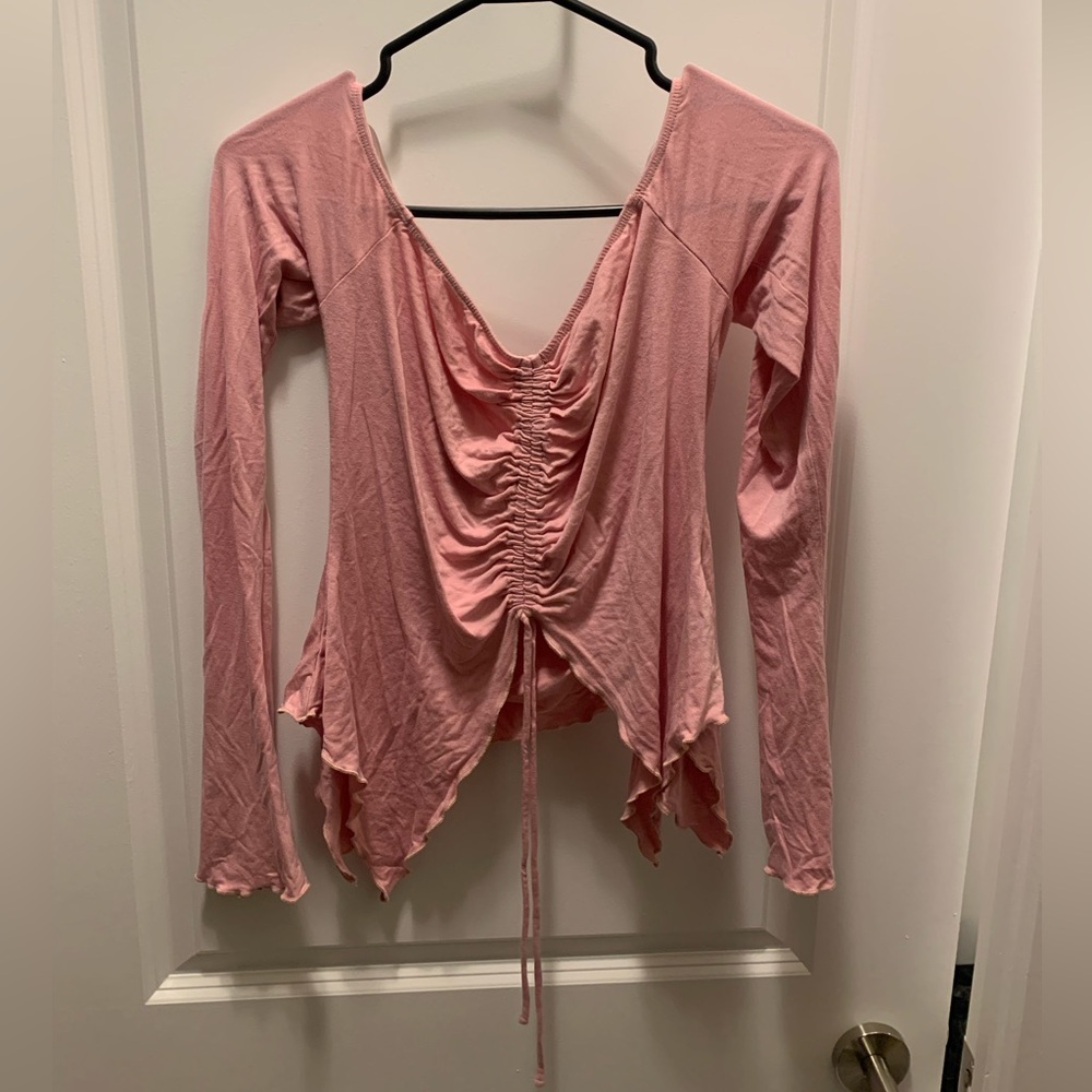 Urban Outfitters Pink Ruched Drawstring Long Sleeve Top
